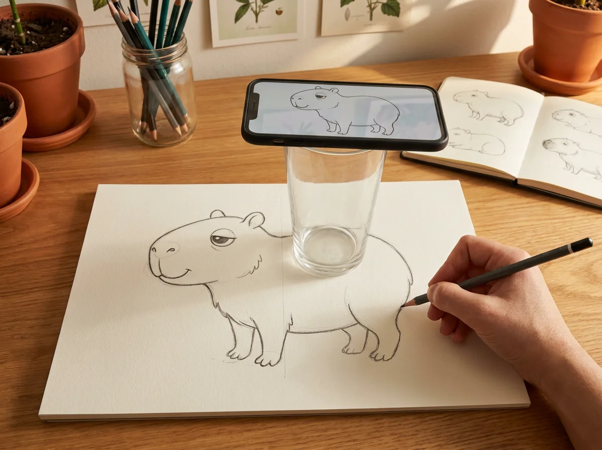 Phone resting on a glass tripod over a sketchbook — the screen overlays a capybara template onto a half-traced pencil drawing on paper