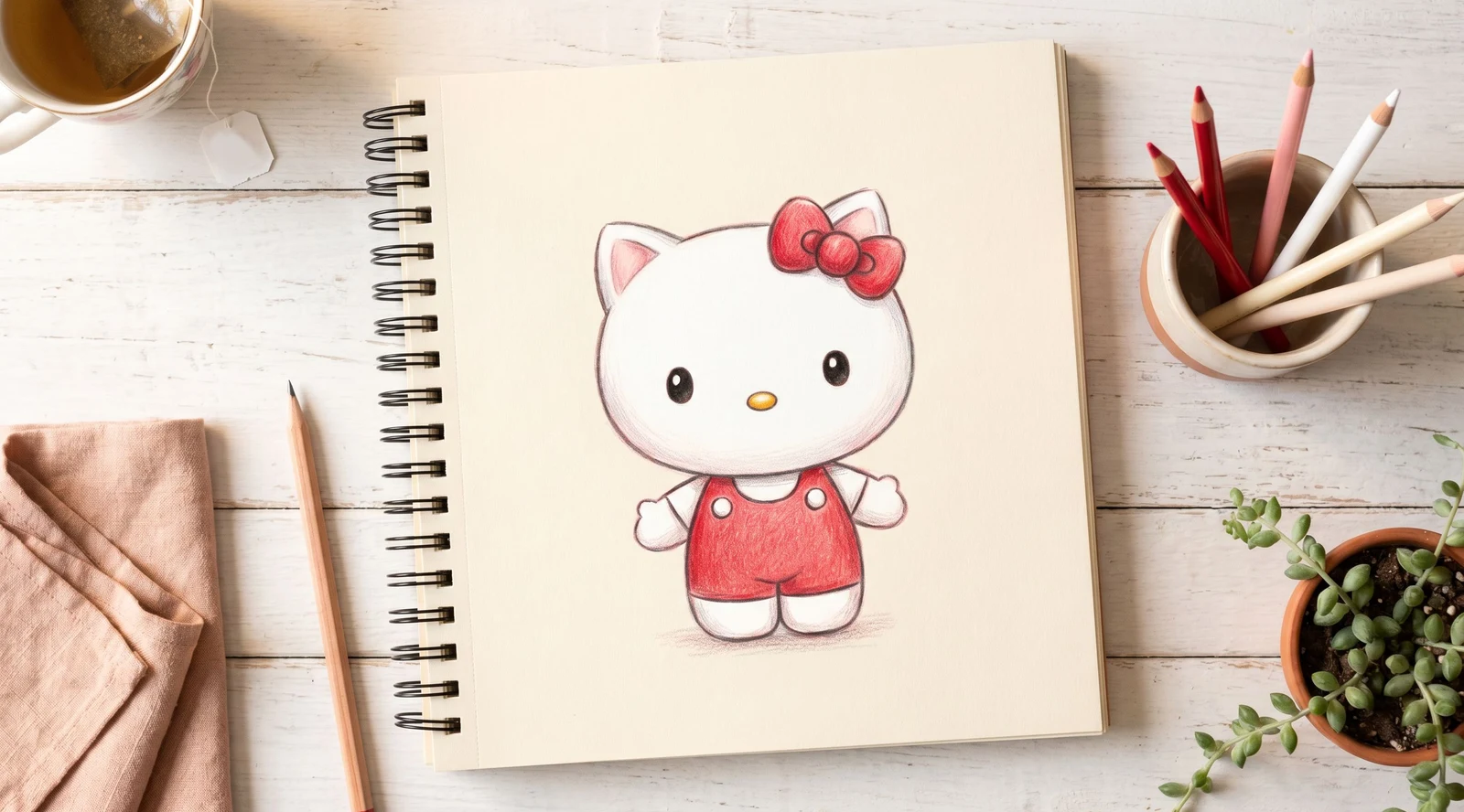 How to Draw Hello Kitty — Bow, Dots, and Red Overalls